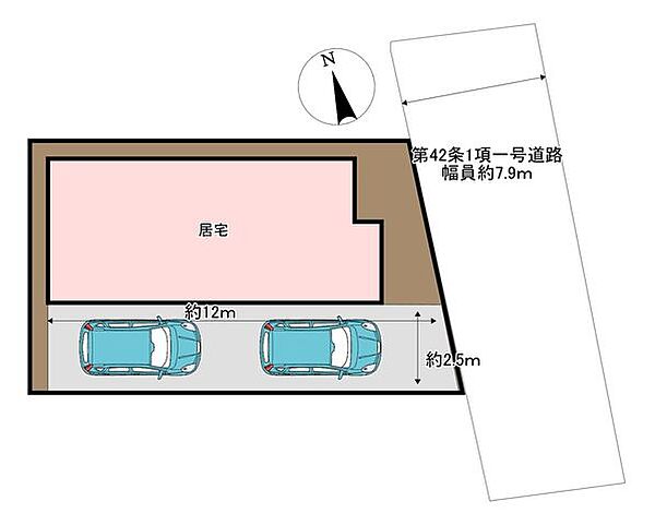 【区画図】駐車は2台可能です。駐車場からリビングに窓を使って直接アクセスできる造りになっていますので、お買い物も楽ちん。