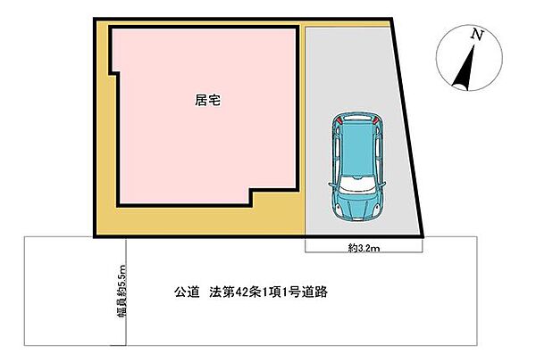 【区画図】南側の行動に面しています。駐車場は1台可能、前面道路も5.5ｍあるので駐車に困ることはなさそうですね。