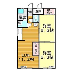 サンヨーハイツ宮野B 2LDKの間取図画像