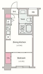 レジディア新川 2階1DKの間取り