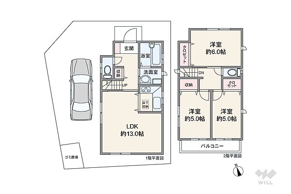 間取りは、延床面積72.86平米の3LDK。1階部分に水回りがまとまる家事動線の良いプラン！
