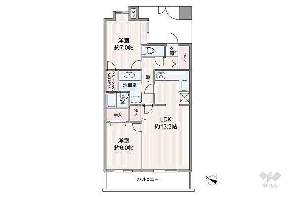 間取りは専有面積62.50平米の2LDK。LDK約13.2帖のプラン。バルコニー面積は10.80平米です。