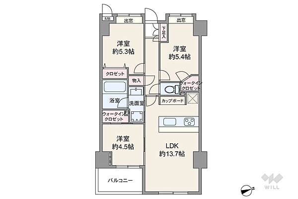 間取りは専有面積63.52平米の3LDK。LDK約13.7帖の縦長リビングのプラン。バルコニー面積は5.31平米です。