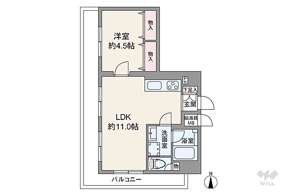 間取りは専有面積38.84平米の1LDK。LDK約11帖のプラン。複数方向に採光部があり、バルコニー面積は15.57平米です。