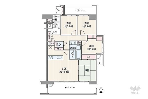間取りは専有面積85.15平米の4LDK。LDK約15.1帖のプラン。複数方向に採光部があり、バルコニー面積は25.93平米です。