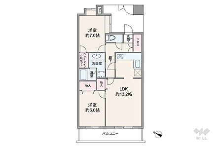 間取りは専有面積62.50平米の2LDK。全居室6帖以上のゆとりあるプラン。キッチンは独立型で、洗面室と行き来しやすいです。広々とした専用ポーチがあるのもポイント。バルコニー面積は10.80平米です。