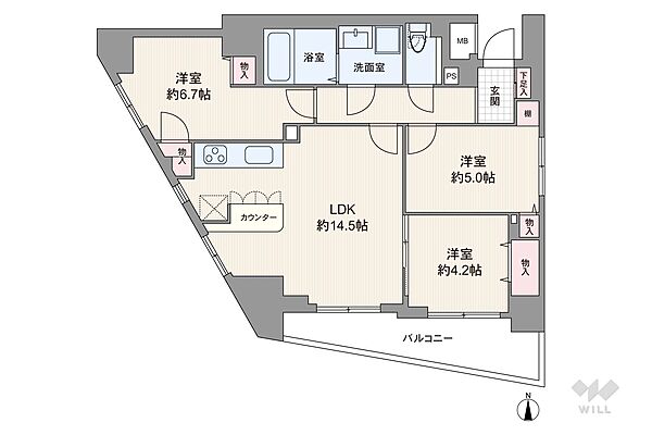 間取りは専有面積69.64平米の3LDK。バルコニー面積は8.28平米です。