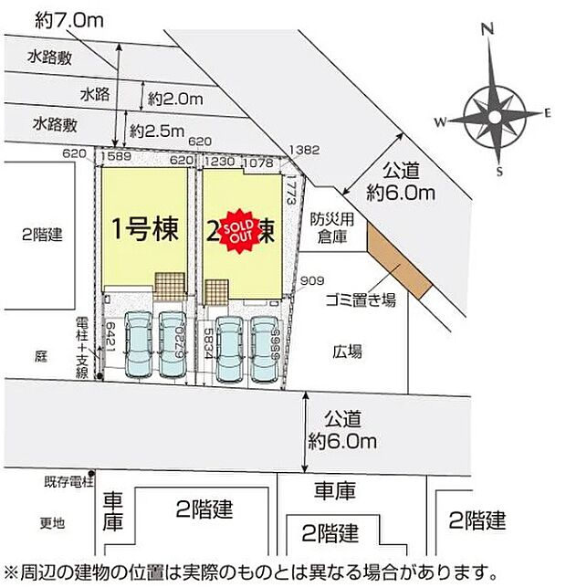 【区画】敷地内の配置が分かる配置図です。建物の位置関係や駐車スペースの配置を確認しやすく、全体像を把握できます。