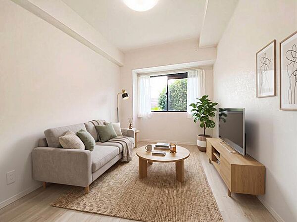 【居室】家具を配置したCGイメージ居室です。明るさを確保した居室です。日差しが届きやすく、毎日の生活を快適に過ごせる居心地の良い空間です。