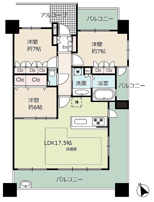 ３LDK東南角部屋です♪バルコニーも3面にあり、通風・眺望良好です♪家事動線も良く、玄関周りに収納がたくさんあり使いやすいマンションです♪
