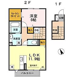 パースハイム　B棟 2階1LDKの間取り