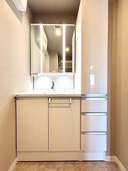三面鏡付き洗面化粧台を採用した、使い勝手の良いパウダールーム