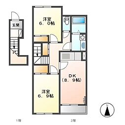 JR日豊本線 西都城駅 バス14分 南横市下車 徒歩5分の賃貸アパート 2階2DKの間取り