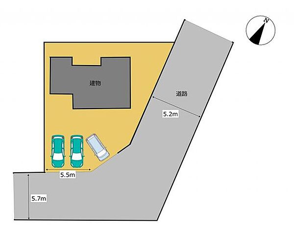 【区画図】区画図です。駐車場拡張工事を行い、並列普通車2台、軽1台駐車可能になりました。