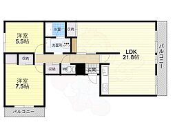 近鉄奈良線 学園前駅 徒歩15分の賃貸マンション 4階2LDKの間取り