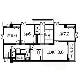 近鉄奈良線 富雄駅 徒歩5分の賃貸マンション 2階4LDKの間取り
