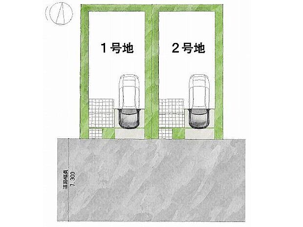 【区画図】1号地道路：南向き・幅員8m土地面積：75．28平米