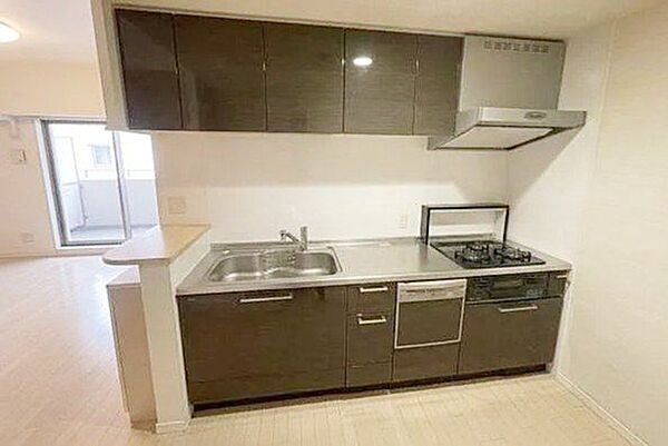 上質感のある落ち着いた色合いのシステムキッチンが目を引きます コンロ周りやシンクも大変綺麗にお使いで 面倒なクリーニングなしでもそのまま使い始められるほどの手入れの良さが大きな魅力です