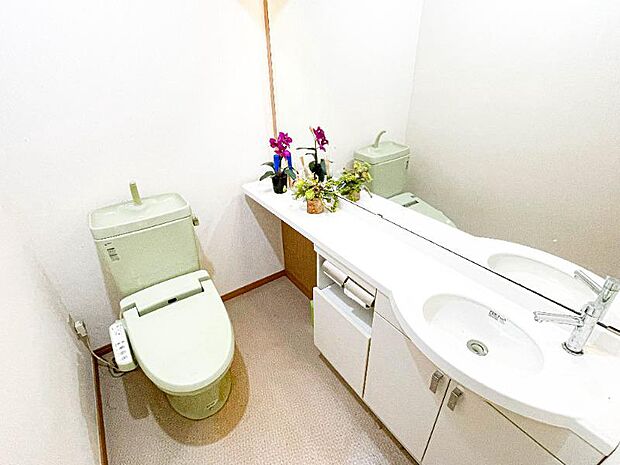 1階のトイレには大きな鏡と手洗い場が付いております。