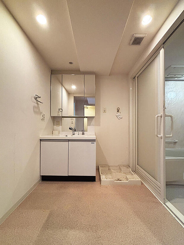 広々とした洗面室。浴室は引き戸で床はフラット設計です。