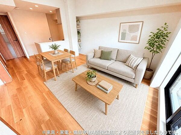 南面のバルコニー越しに心地良い陽光がふんだんに入るリビング13.5帖。※CGにより家具を配置したイメージです。