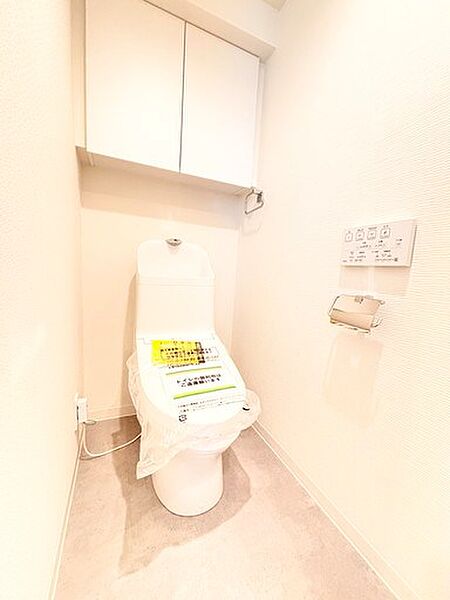 広々落ち着くトイレ。ウォシュレット完備。収納も付いているのでトイレットペーパーのストックもできます