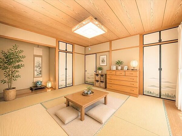 ※実際の写真に家具や調度品をCG合成したものです。家具等は販売に含まれておりません。柔らかであたたかな感触の畳はほどよく湿気を吸ってくれるので、直接肌に触れても快適です。