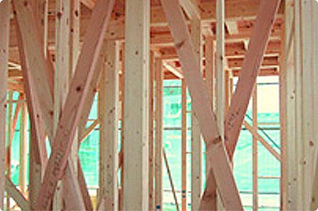【伝統的工法：木造軸組み工法】土台、柱、梁などの住宅の骨格を木の軸で造る工法です。接合部には補強金物を、取り付け床には構造用合板を使用するなど強い耐震性・耐久性を発揮しています。