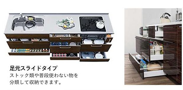 ソフトクローズレールL仕様 引出しにかかる力を自動調節して 静かに閉まり中の収納物も ダメージがなく安心です。