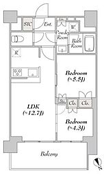 都営大江戸線 門前仲町駅 徒歩9分の賃貸マンション 13階2LDKの間取り