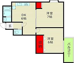 サンフィールド 5階2DKの間取り