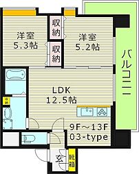 WOB京橋 13階2LDKの間取り