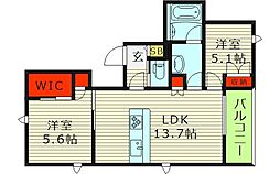 内代レジデンスサウス 2LDKの間取図画像