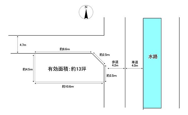 区画図北東角地で前面道路が広々しています！
