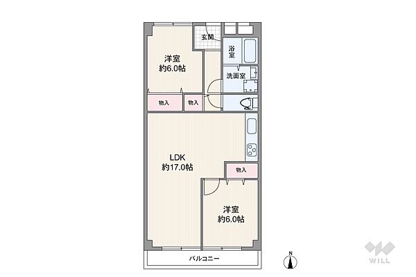 間取りは専有面積62.1平米の2LDK。バルコニー面積は5.4平米です。