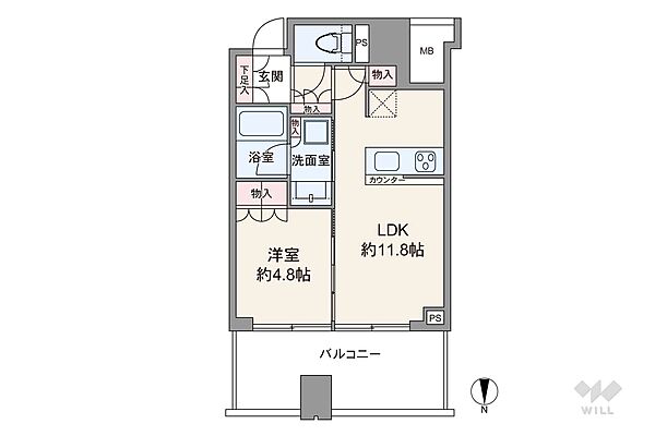 間取りは専有面積40.81平米の1LDK。LDK約11.8帖のプラン。バルコニー面積は11.3平米です。