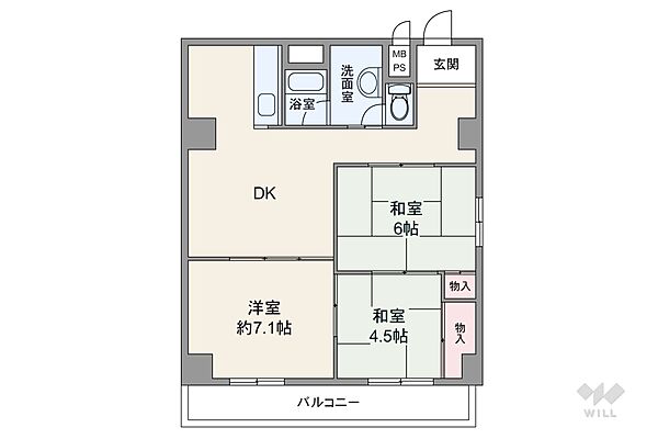 間取りは専有面積67.19平米の3DK。バルコニー面積は7.35平米です。