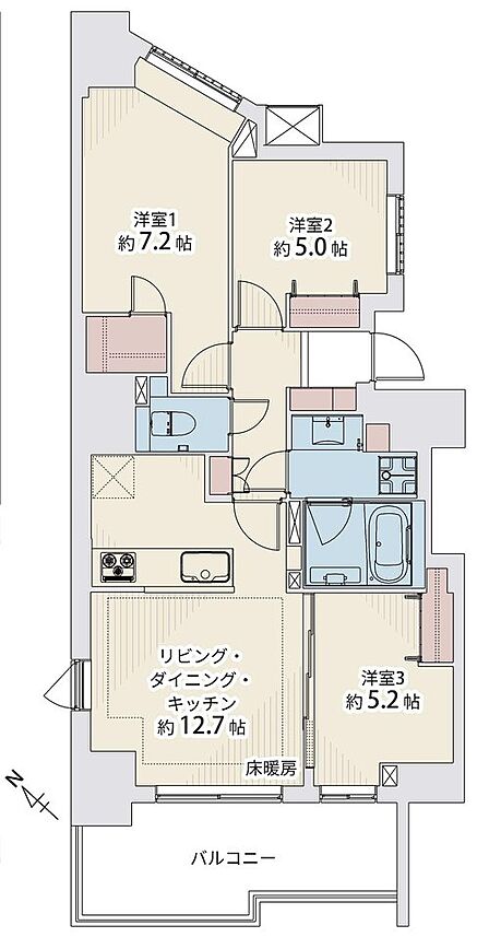 3LDK、専有面積70m2、バルコニー面積10.62m2