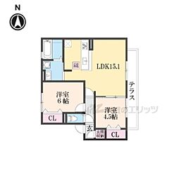 京阪本線 牧野駅 徒歩7分の賃貸アパート 1階2LDKの間取り