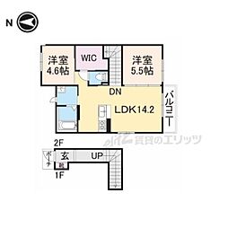 ラフィーネ三室参番館Ａ 2階2LDKの間取り