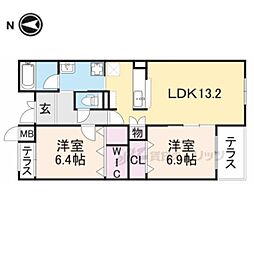 プライムガーデン 1階2LDKの間取り