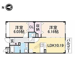近鉄南大阪線 橿原神宮前駅 徒歩10分の賃貸マンション 2階2LDKの間取り