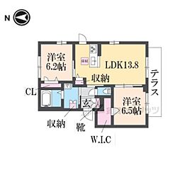 マーベラスコートIII 1階2LDKの間取り
