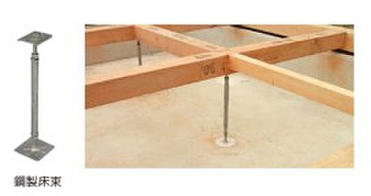 建物の床を支える「床束」と呼ばれる支持材に、サビやシロアリを寄せ付けない鋼製の床束を採用しています。従来品に比べ信頼性が高く、安心の強度で床の荷重を支えます。