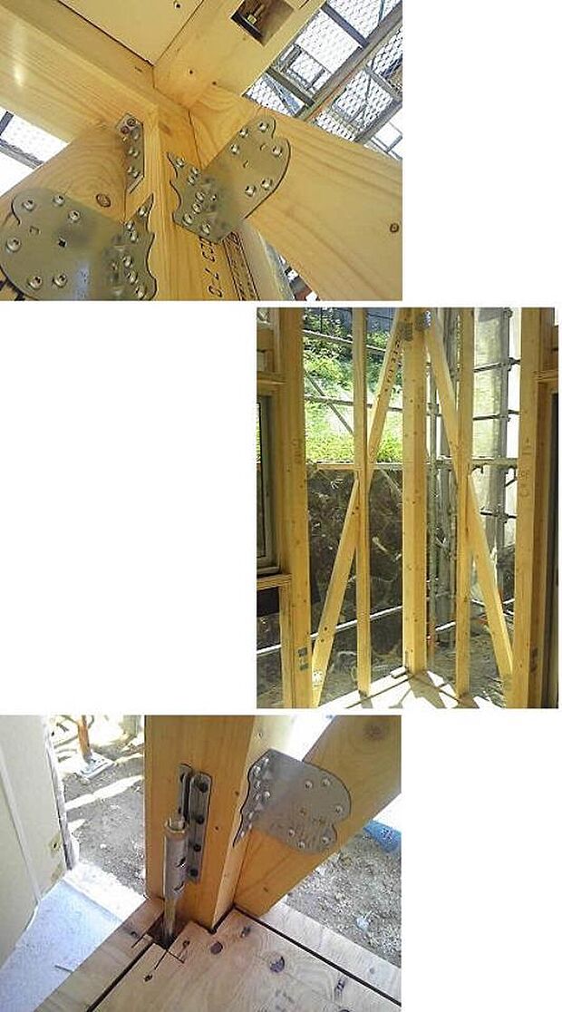 住宅には耐力壁と呼ばれる地震や風の力に耐える壁が存在します。それぞれに対して金物を用いて緊結します。またそれら壁に対し引き抜き力に抵抗する金物も取り付けております。