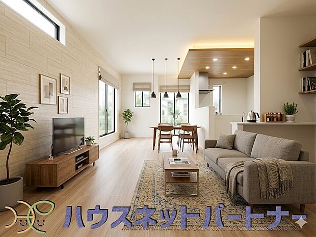 食事スペースと寛げる場所設けてもまだ余裕の広さ。家具等はイメージです