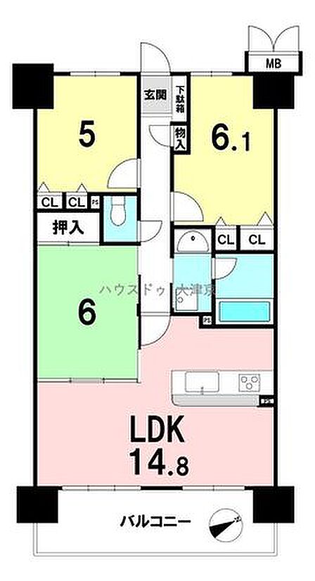 使いやすい3LDK! 各部屋が独立しており、ファミリーやテレワークにも最適の間取りです。広々14.8帖のリビングが魅力的♪