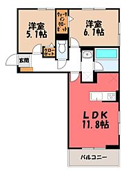 高崎市江木町アパート 2LDKの間取図画像