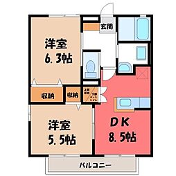 JR両毛線 国定駅 バス20分 赤堀支所前下車 徒歩20分の賃貸アパート 1階2DKの間取り