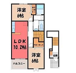 JR両毛線 国定駅 徒歩26分の賃貸アパート 2階2LDKの間取り
